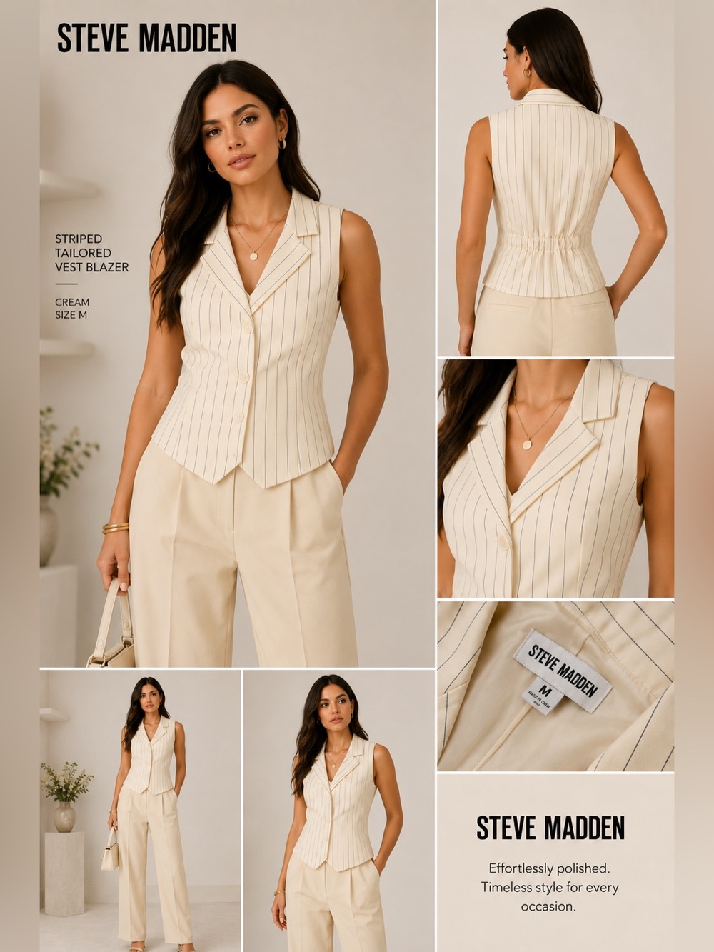 Steve Madden Striped Tailored Vest Blazer Cream Size M
